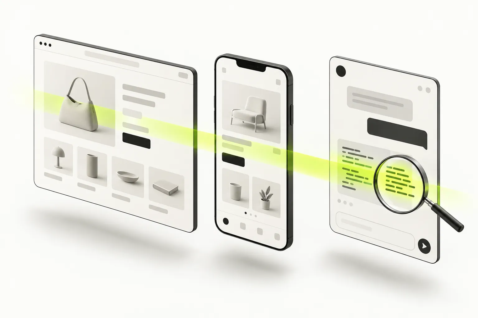 Illustration: Sicherheitsprüfung von Onlineshop, App und KI-Chatbot