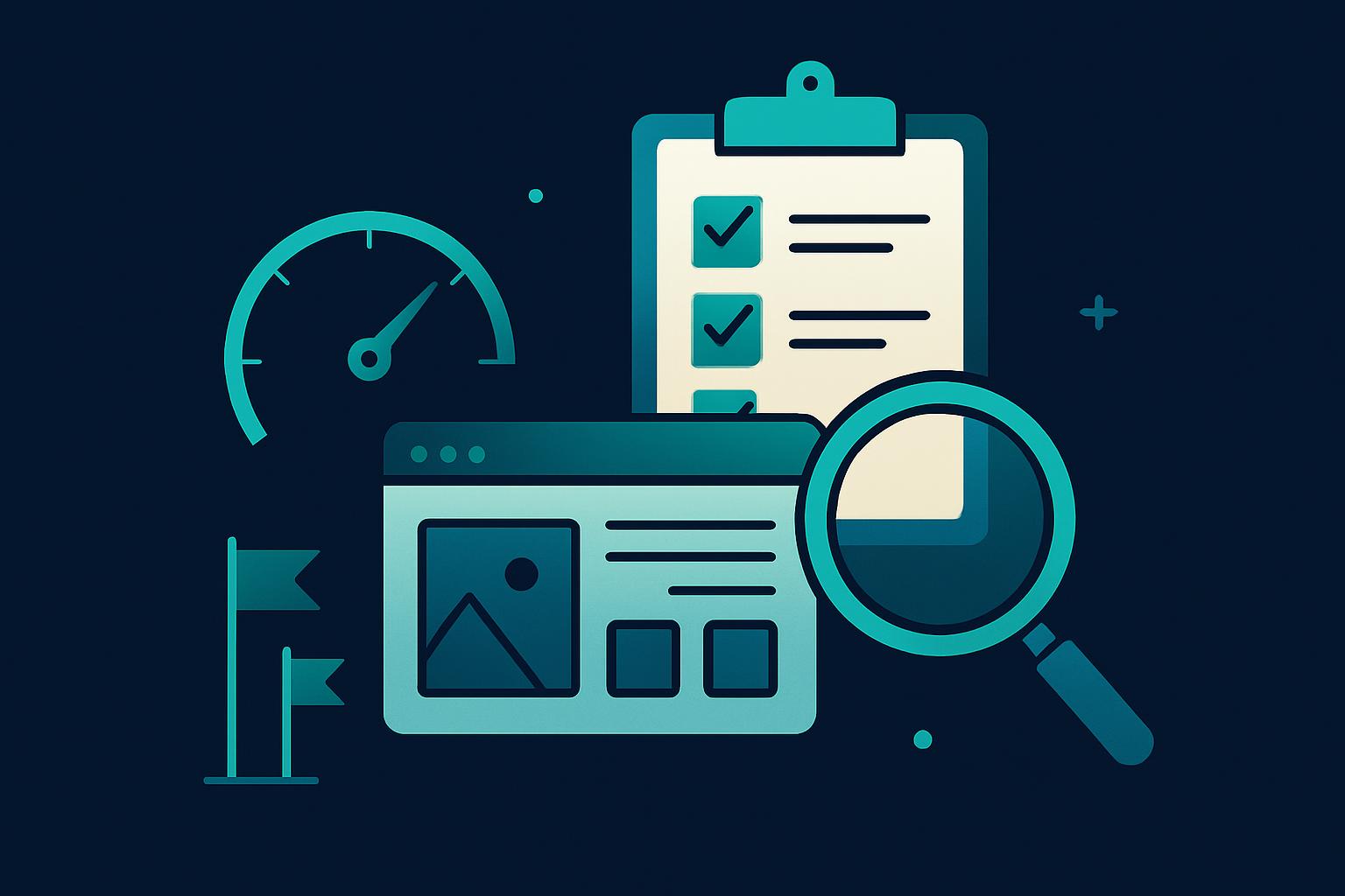 Illustration einer Website-Analyse: Lupe über einem Browserfenster, verbunden mit Diagrammen und vernetzten Datenpunkten