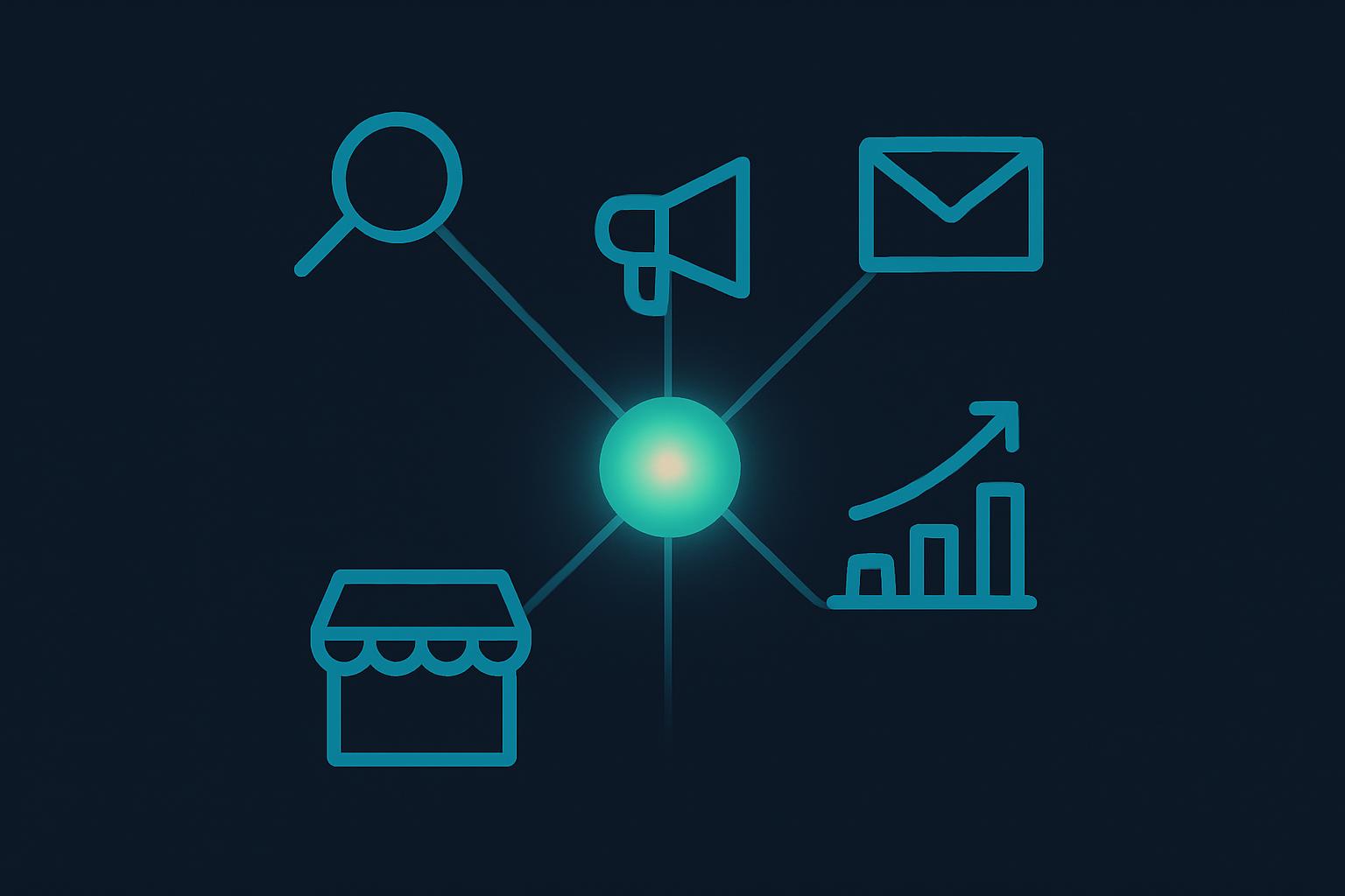 Illustration: Online-Marketing-Kanäle wie SEO, Ads und Social Media laufen in einer zentralen Strategie zusammen