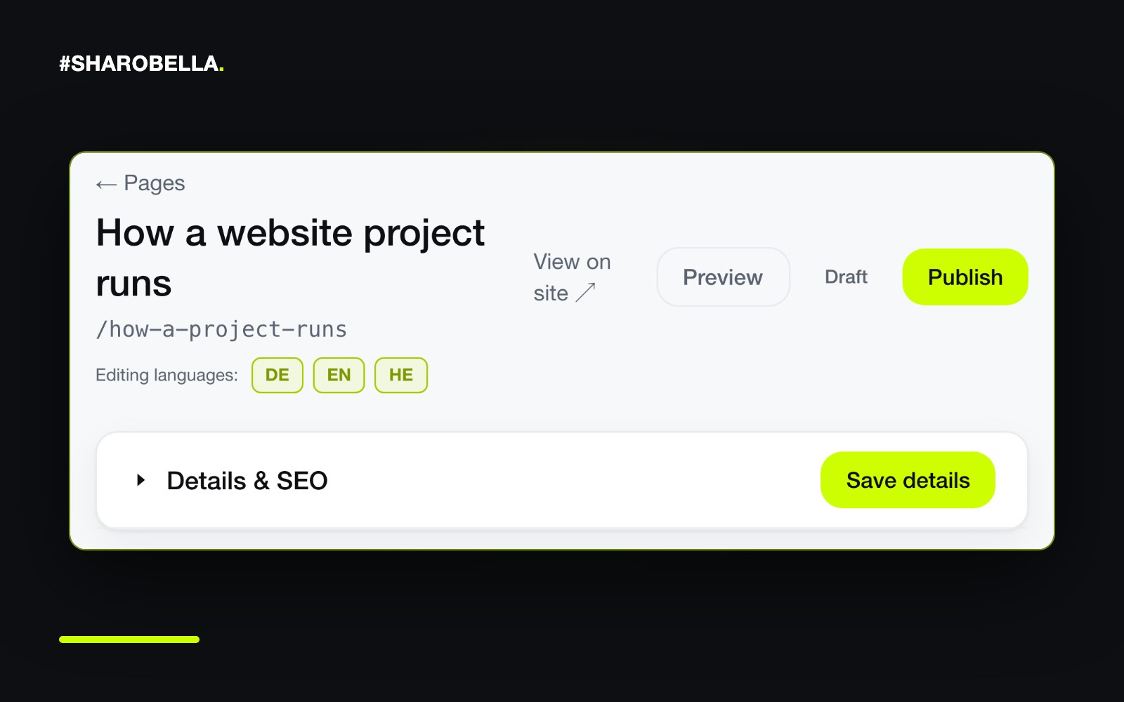Ausschnitt aus dem CMS: ein Beispielentwurf mit dem Status „Draft“ und dem Button „Publish“